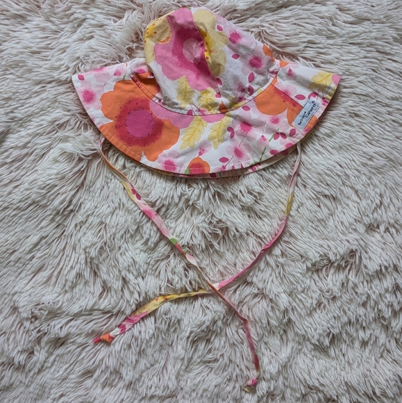 Flap Happy  6-12m UPF 50 Floppy Hat White Pink Orange Florals Tie Strings Medium - Picture 2 of 6